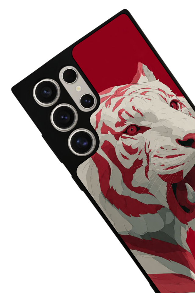 Samsung Galaxy S22 Ultra Uyumlu Kirmizi ve Kaplan Tasarımlı Glossy Premium Kılıf