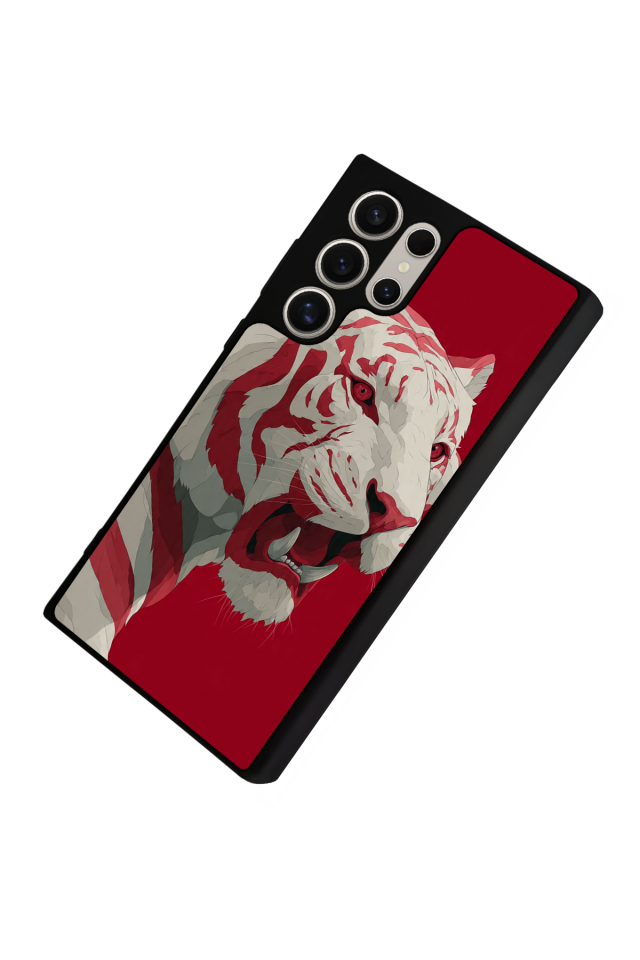 Samsung Galaxy S22 Ultra Uyumlu Kirmizi ve Kaplan Tasarımlı Glossy Premium Kılıf