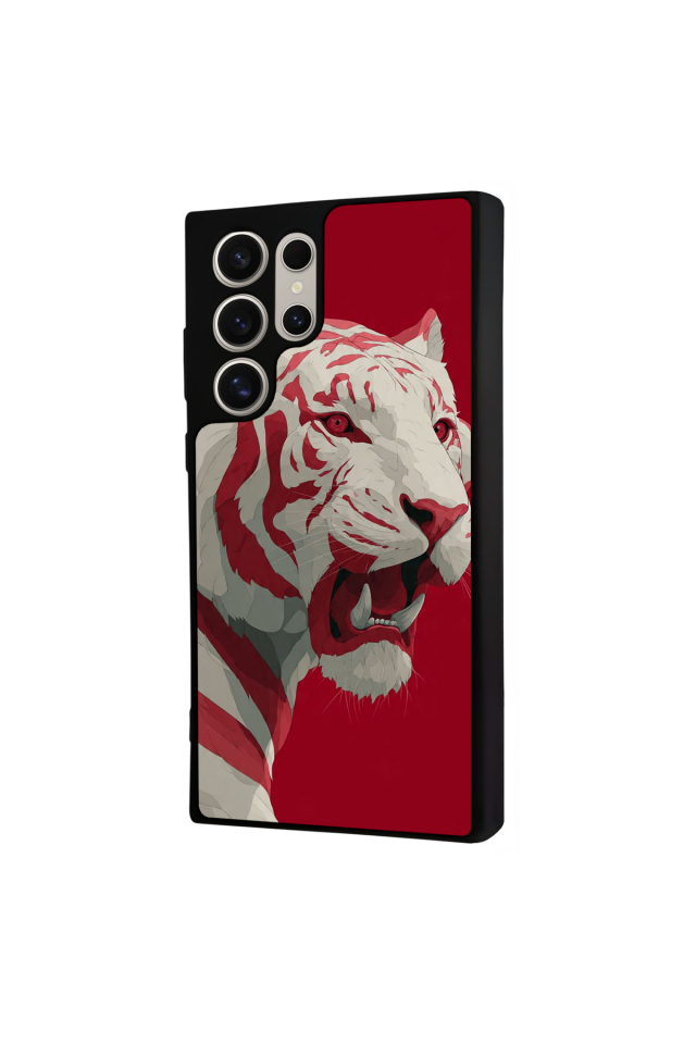 Samsung Galaxy S22 Ultra Uyumlu Kirmizi ve Kaplan Tasarımlı Glossy Premium Kılıf