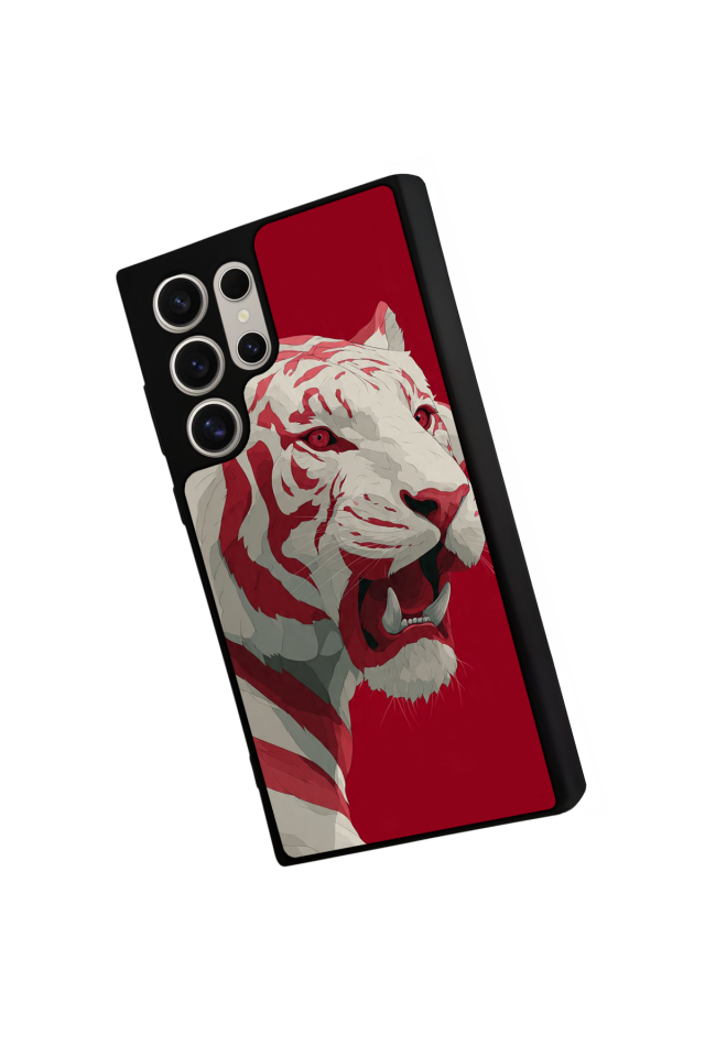 Samsung Galaxy S22 Ultra Uyumlu Kirmizi ve Kaplan Tasarımlı Glossy Premium Kılıf