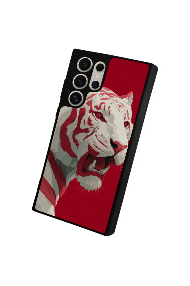 Samsung Galaxy S22 Ultra Uyumlu Kirmizi ve Kaplan Tasarımlı Glossy Premium Kılıf