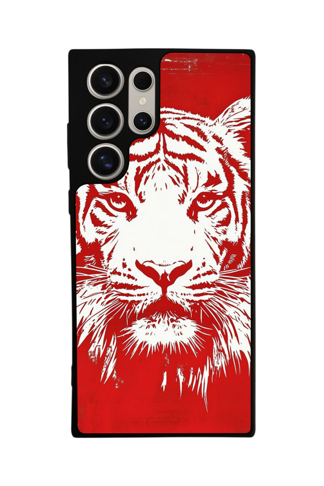 Samsung Galaxy S22 Ultra Uyumlu Kirmizi ve Kaplan Tasarımlı Glossy Premium Kılıf