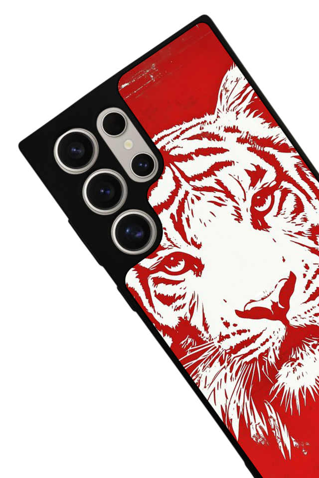 Samsung Galaxy S22 Ultra Uyumlu Kirmizi ve Kaplan Tasarımlı Glossy Premium Kılıf