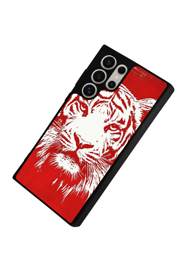 Samsung Galaxy S22 Ultra Uyumlu Kirmizi ve Kaplan Tasarımlı Glossy Premium Kılıf