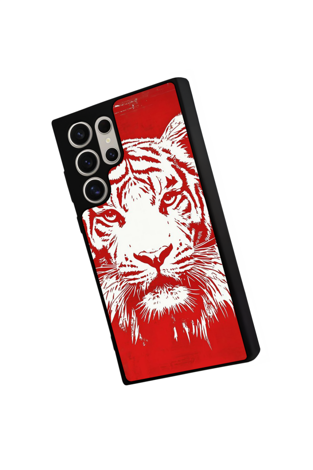 Samsung Galaxy S22 Ultra Uyumlu Kirmizi ve Kaplan Tasarımlı Glossy Premium Kılıf