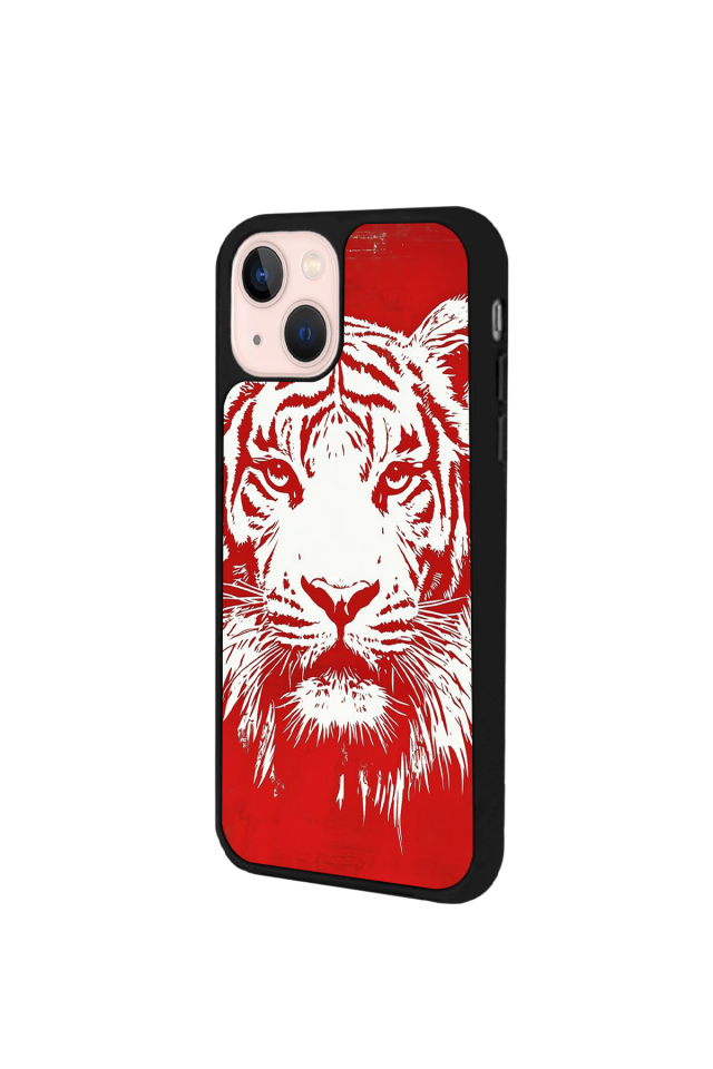 iPhone 14 Plus Uyumlu Kirmizi ve Kaplan Tasarımlı Glossy Premium Kılıf
