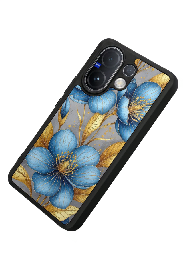 Vivo V60 Uyumlu Yaldizli Cicek Tasarımlı Glossy Premium Kılıf