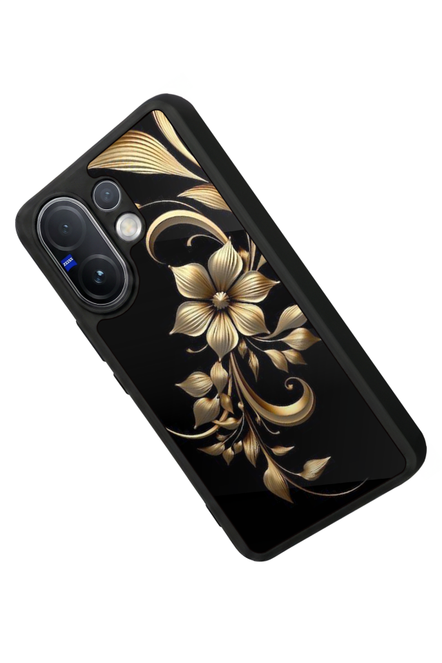 Vivo V60 Uyumlu Yaldizli Cicek Tasarımlı Glossy Premium Kılıf