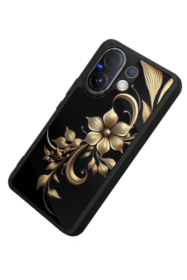 Vivo V60 Uyumlu Yaldizli Cicek Tasarımlı Glossy Premium Kılıf