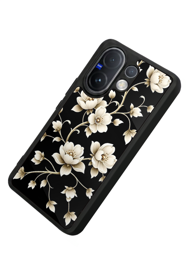 Vivo V60 Uyumlu Yaldizli Cicek Tasarımlı Glossy Premium Kılıf