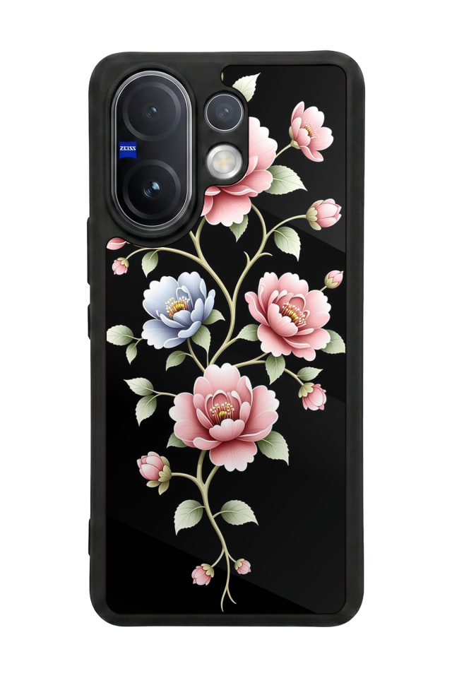 Vivo V60 Uyumlu Yaldizli Cicek Tasarımlı Glossy Premium Kılıf