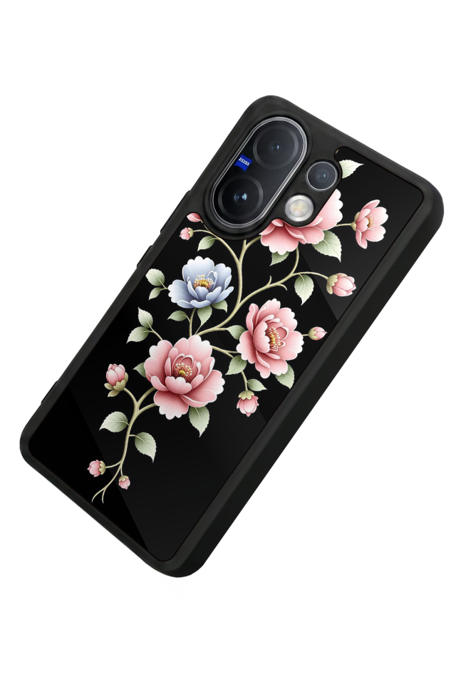 Vivo V60 Uyumlu Yaldizli Cicek Tasarımlı Glossy Premium Kılıf