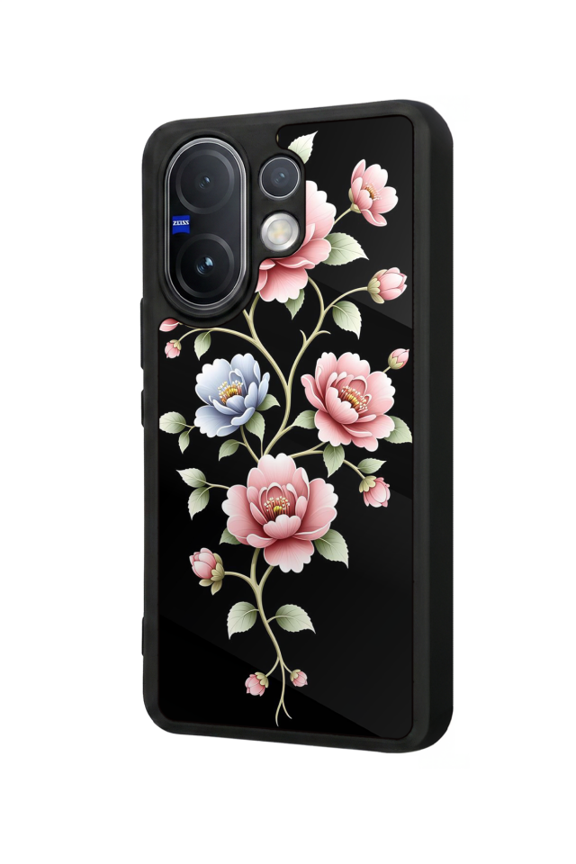 Vivo V60 Uyumlu Yaldizli Cicek Tasarımlı Glossy Premium Kılıf