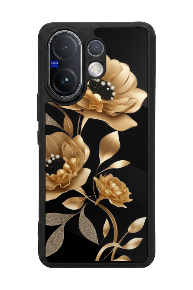 Vivo V60 Uyumlu Yaldizli Cicek Tasarımlı Glossy Premium Kılıf