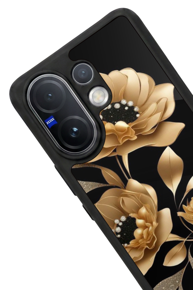 Vivo V60 Uyumlu Yaldizli Cicek Tasarımlı Glossy Premium Kılıf