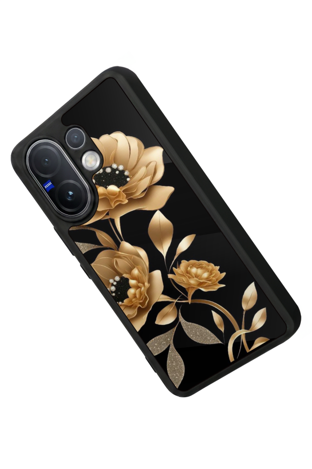 Vivo V60 Uyumlu Yaldizli Cicek Tasarımlı Glossy Premium Kılıf