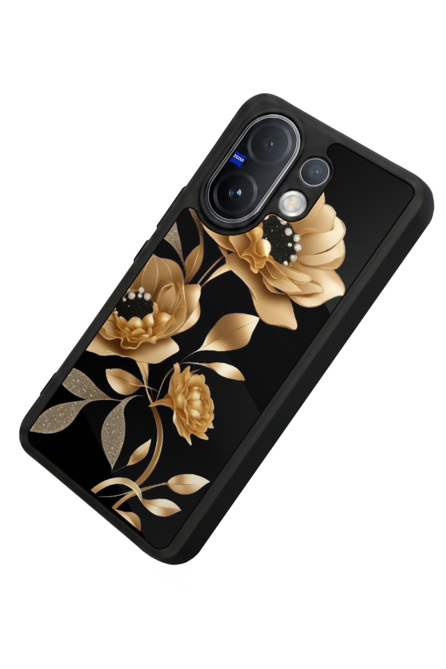 Vivo V60 Uyumlu Yaldizli Cicek Tasarımlı Glossy Premium Kılıf