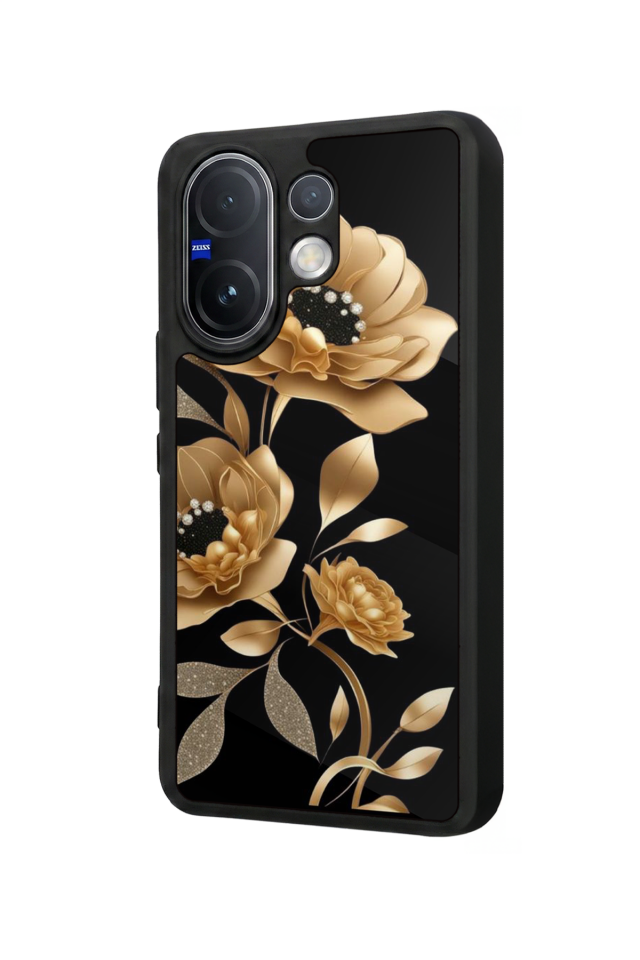 Vivo V60 Uyumlu Yaldizli Cicek Tasarımlı Glossy Premium Kılıf