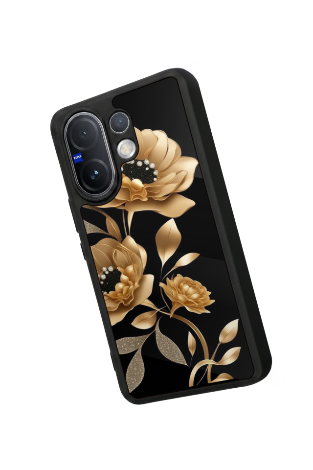 Vivo V60 Uyumlu Yaldizli Cicek Tasarımlı Glossy Premium Kılıf