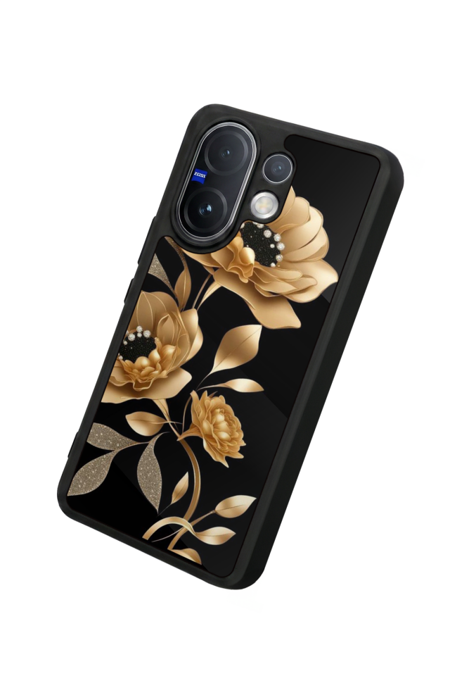 Vivo V60 Uyumlu Yaldizli Cicek Tasarımlı Glossy Premium Kılıf