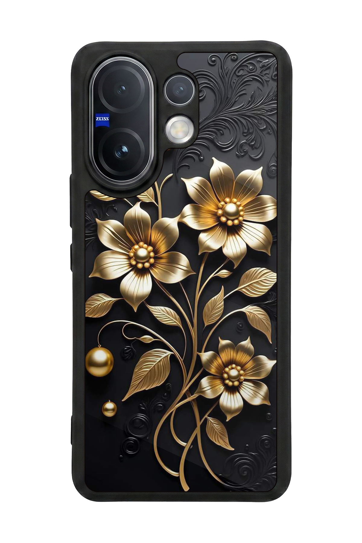 Vivo V60 Uyumlu Yaldizli Cicek Tasarımlı Glossy Premium Kılıf