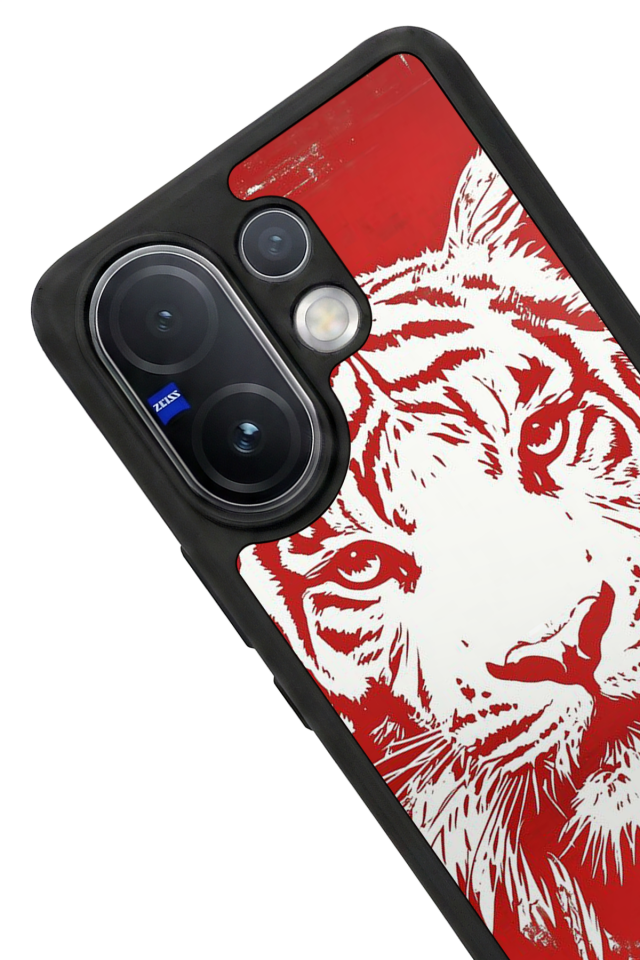 Vivo V60 Uyumlu Kirmizi ve Kaplan Tasarımlı Glossy Premium Kılıf