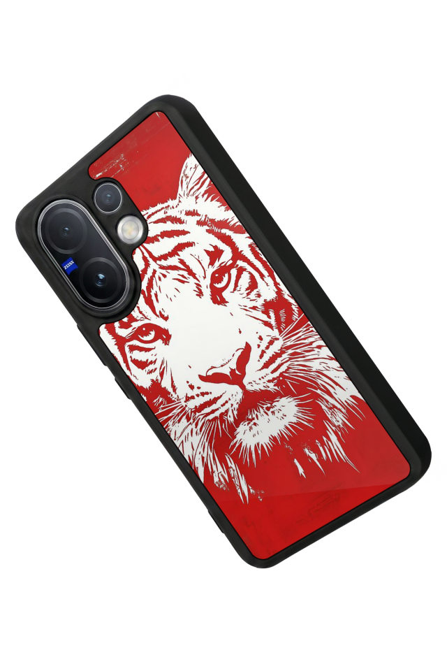 Vivo V60 Uyumlu Kirmizi ve Kaplan Tasarımlı Glossy Premium Kılıf