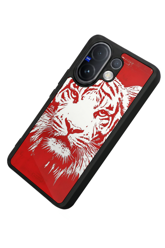 Vivo V60 Uyumlu Kirmizi ve Kaplan Tasarımlı Glossy Premium Kılıf