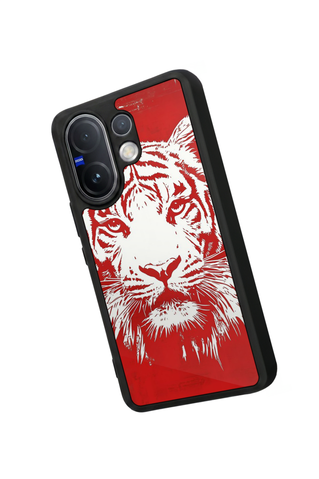 Vivo V60 Uyumlu Kirmizi ve Kaplan Tasarımlı Glossy Premium Kılıf