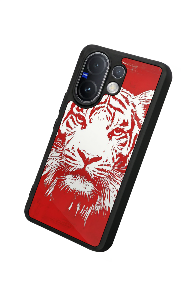 Vivo V60 Uyumlu Kirmizi ve Kaplan Tasarımlı Glossy Premium Kılıf