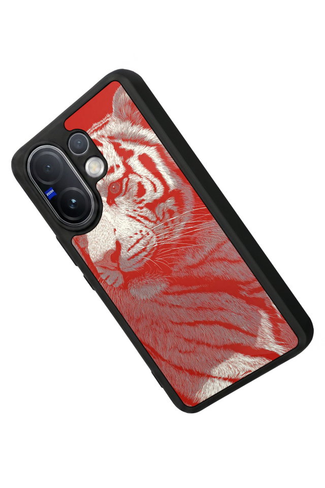 Vivo V60 Uyumlu Kirmizi ve Kaplan Tasarımlı Glossy Premium Kılıf