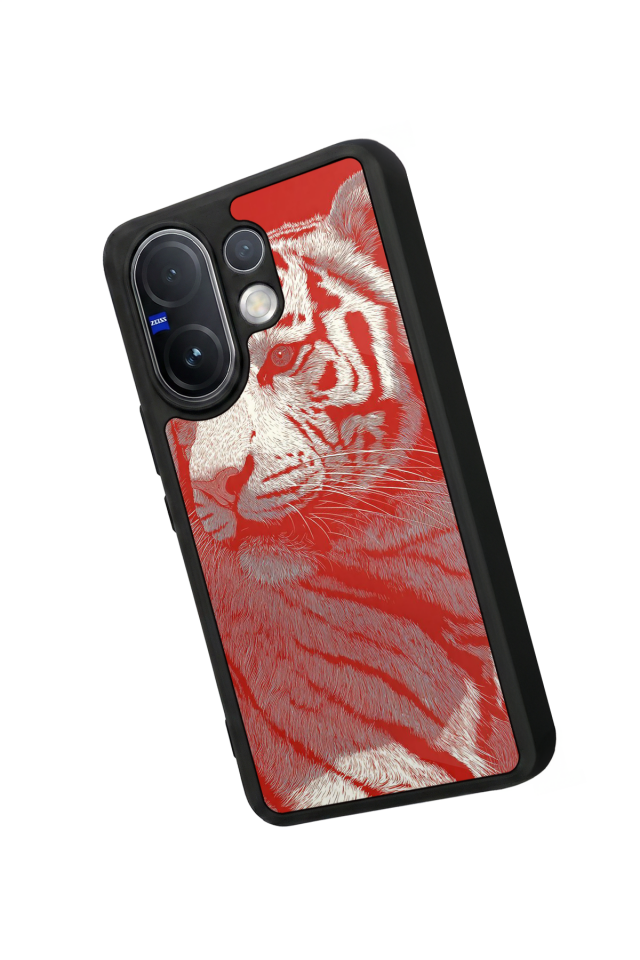 Vivo V60 Uyumlu Kirmizi ve Kaplan Tasarımlı Glossy Premium Kılıf