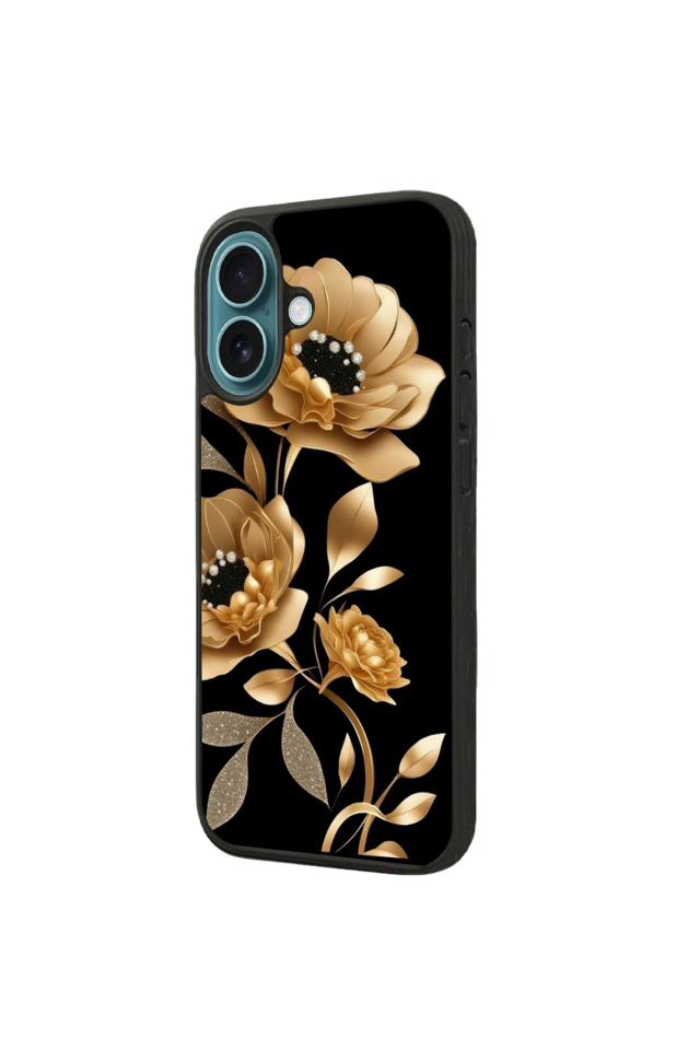 iPhone 16 Uyumlu Yaldizli Cicek Tasarımlı Glossy Premium Kılıf