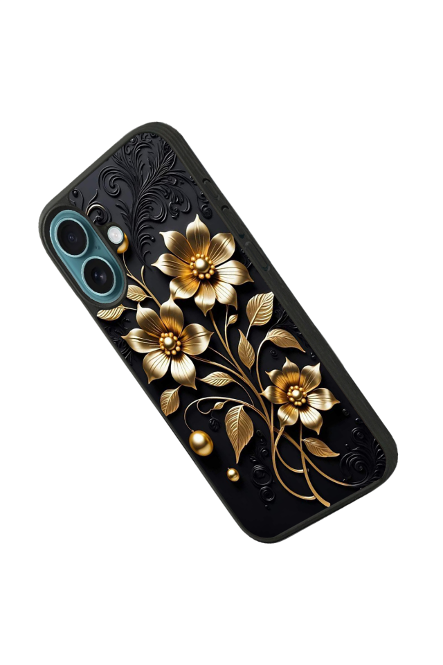 iPhone 16 Uyumlu Yaldizli Cicek Tasarımlı Glossy Premium Kılıf