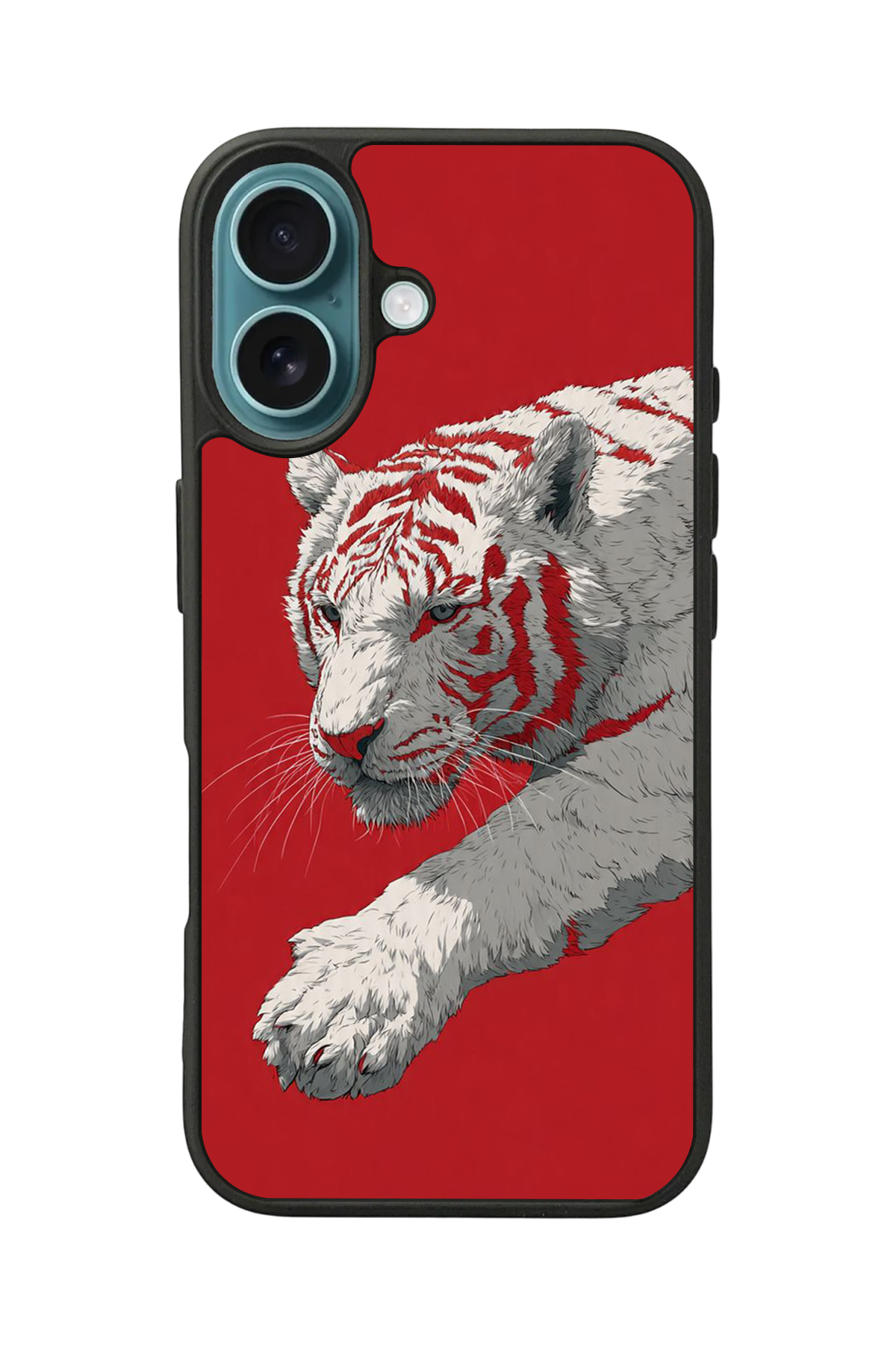 iPhone 16 Uyumlu Kirmizi ve Kaplan Tasarımlı Glossy Premium Kılıf