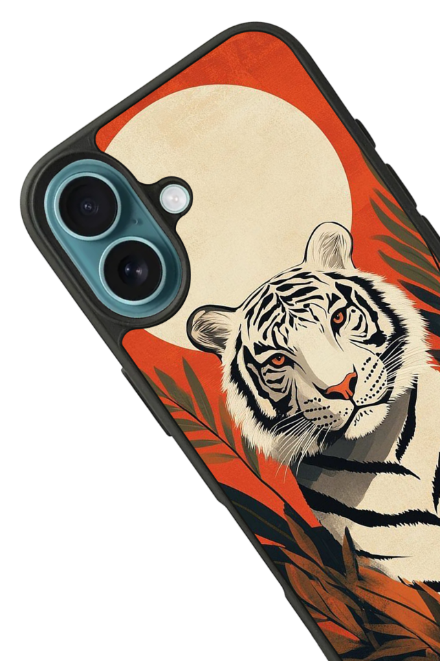 iPhone 16 Uyumlu Kirmizi ve Kaplan Tasarımlı Glossy Premium Kılıf