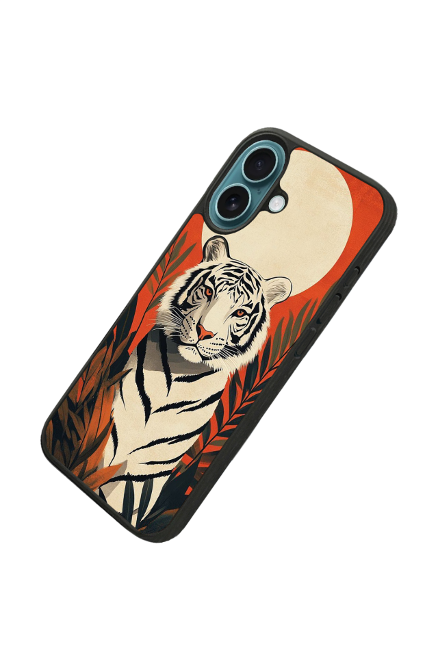 iPhone 16 Uyumlu Kirmizi ve Kaplan Tasarımlı Glossy Premium Kılıf