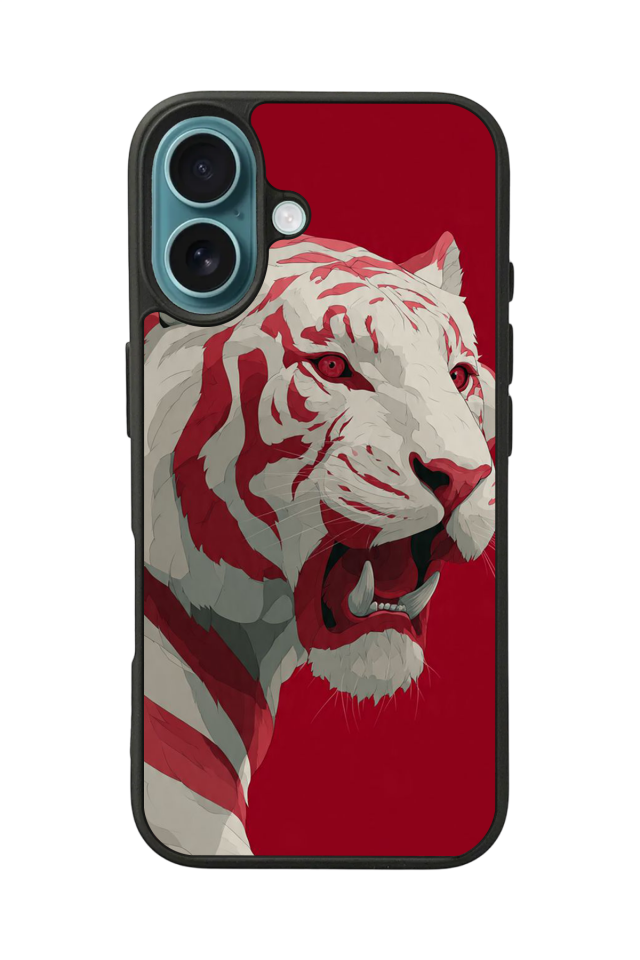 iPhone 16 Uyumlu Kirmizi ve Kaplan Tasarımlı Glossy Premium Kılıf