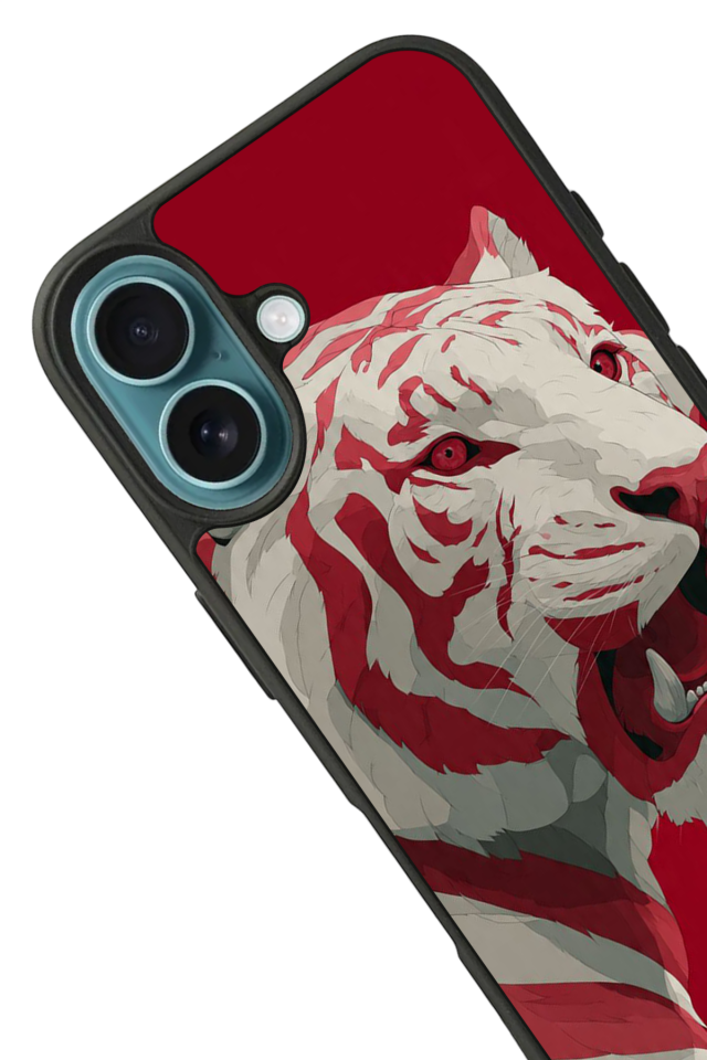 iPhone 16 Uyumlu Kirmizi ve Kaplan Tasarımlı Glossy Premium Kılıf