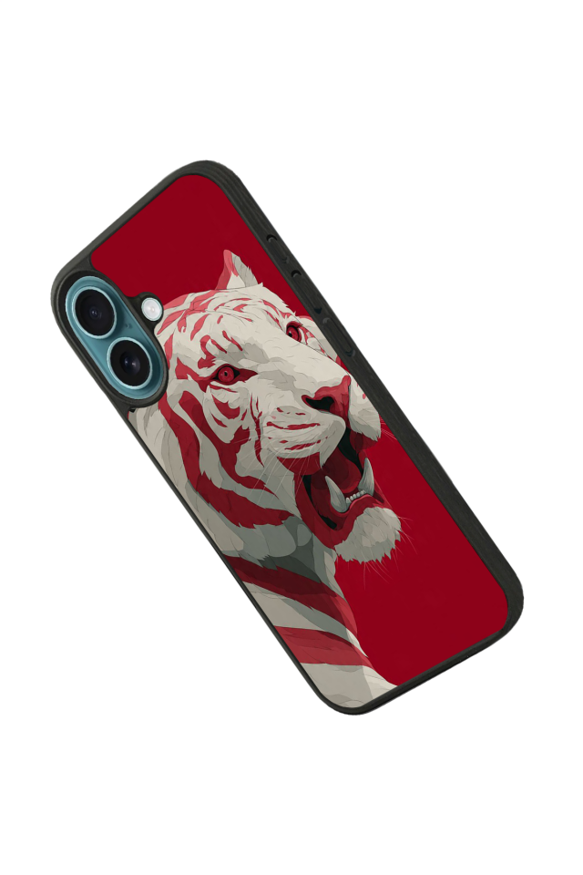 iPhone 16 Uyumlu Kirmizi ve Kaplan Tasarımlı Glossy Premium Kılıf