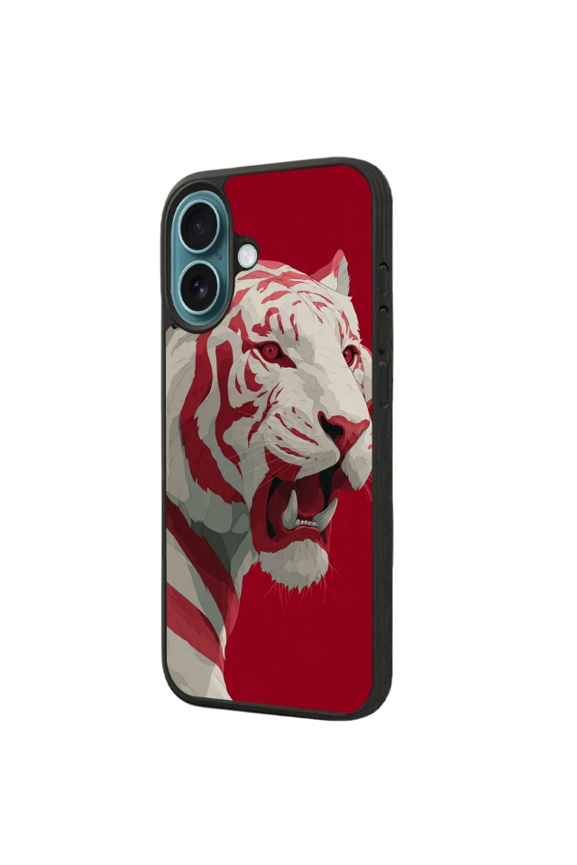iPhone 16 Uyumlu Kirmizi ve Kaplan Tasarımlı Glossy Premium Kılıf