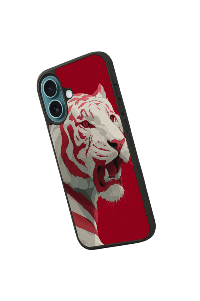 iPhone 16 Uyumlu Kirmizi ve Kaplan Tasarımlı Glossy Premium Kılıf