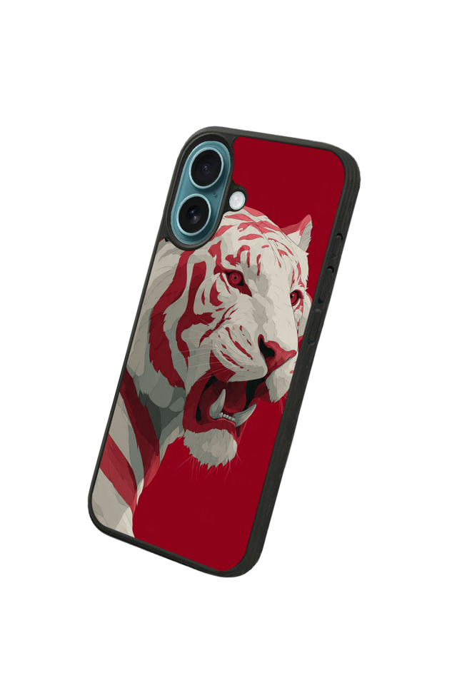 iPhone 16 Uyumlu Kirmizi ve Kaplan Tasarımlı Glossy Premium Kılıf