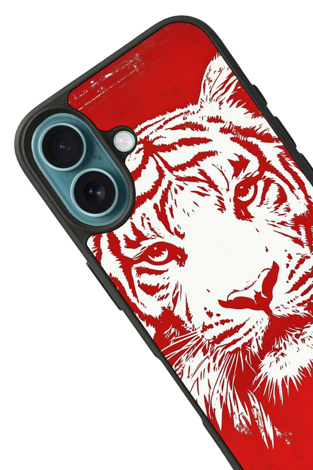 iPhone 16 Uyumlu Kirmizi ve Kaplan Tasarımlı Glossy Premium Kılıf