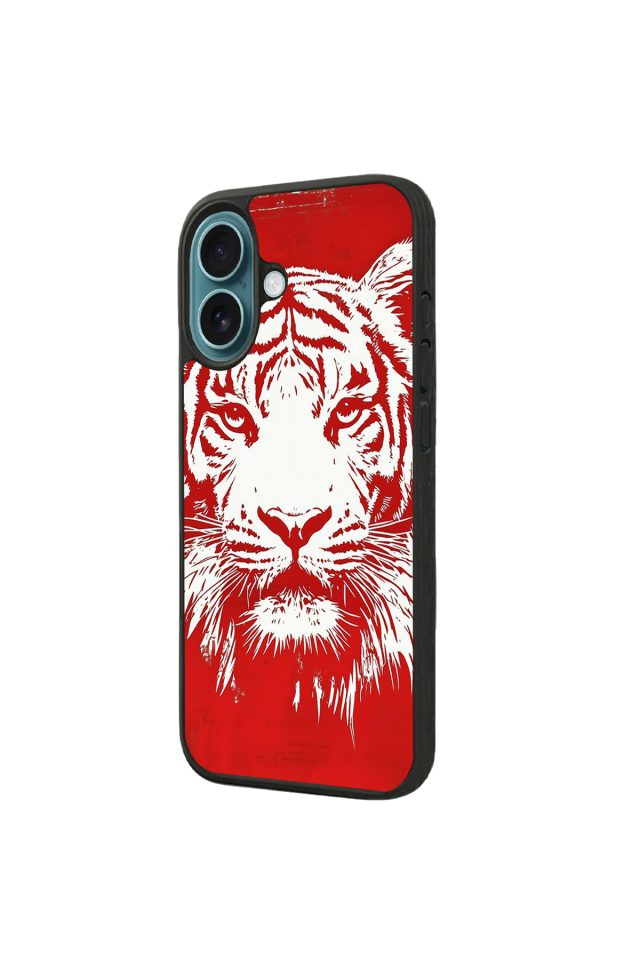 iPhone 16 Uyumlu Kirmizi ve Kaplan Tasarımlı Glossy Premium Kılıf
