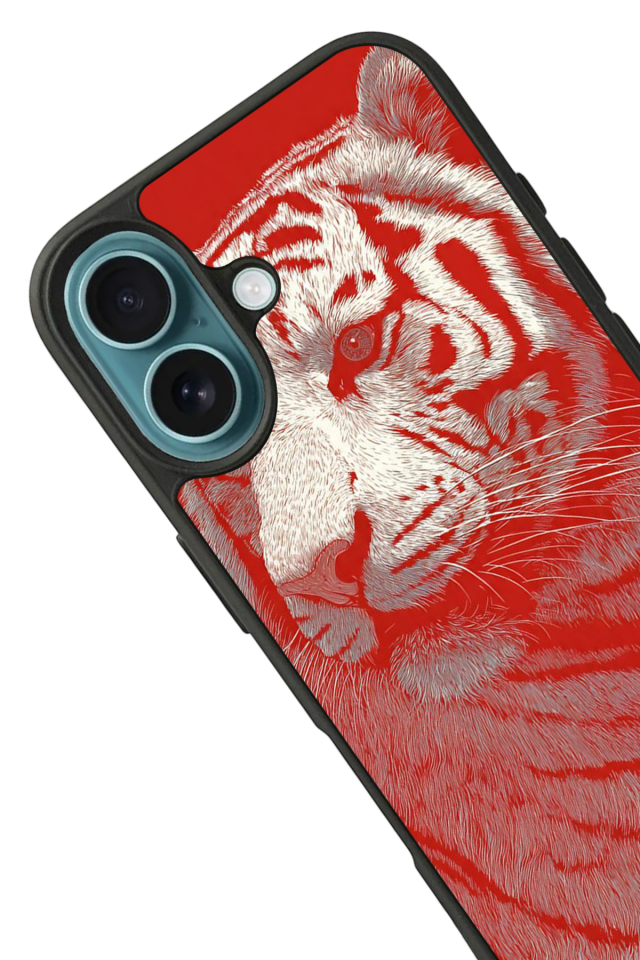 iPhone 16 Uyumlu Kirmizi ve Kaplan Tasarımlı Glossy Premium Kılıf