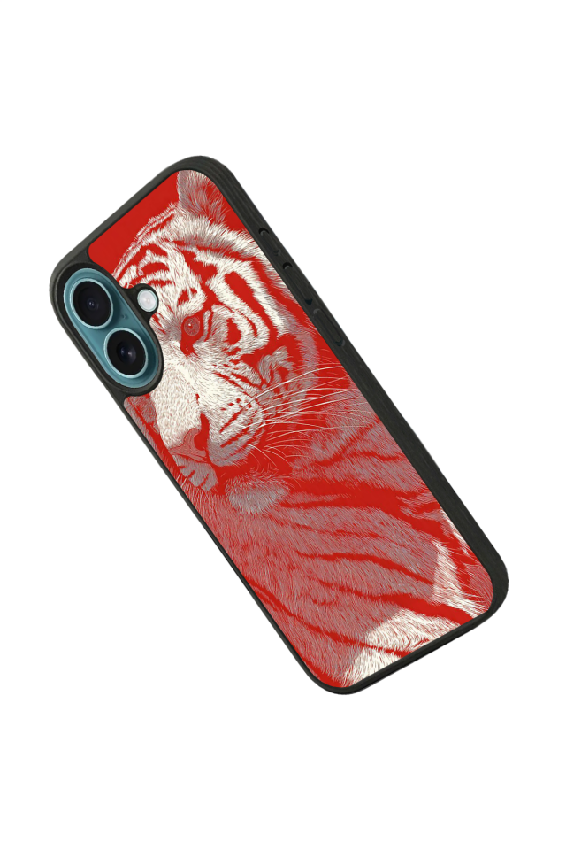 iPhone 16 Uyumlu Kirmizi ve Kaplan Tasarımlı Glossy Premium Kılıf