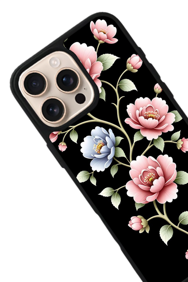 iPhone 16 Pro Max Uyumlu Yaldizli Cicek Tasarımlı Glossy Premium Kılıf