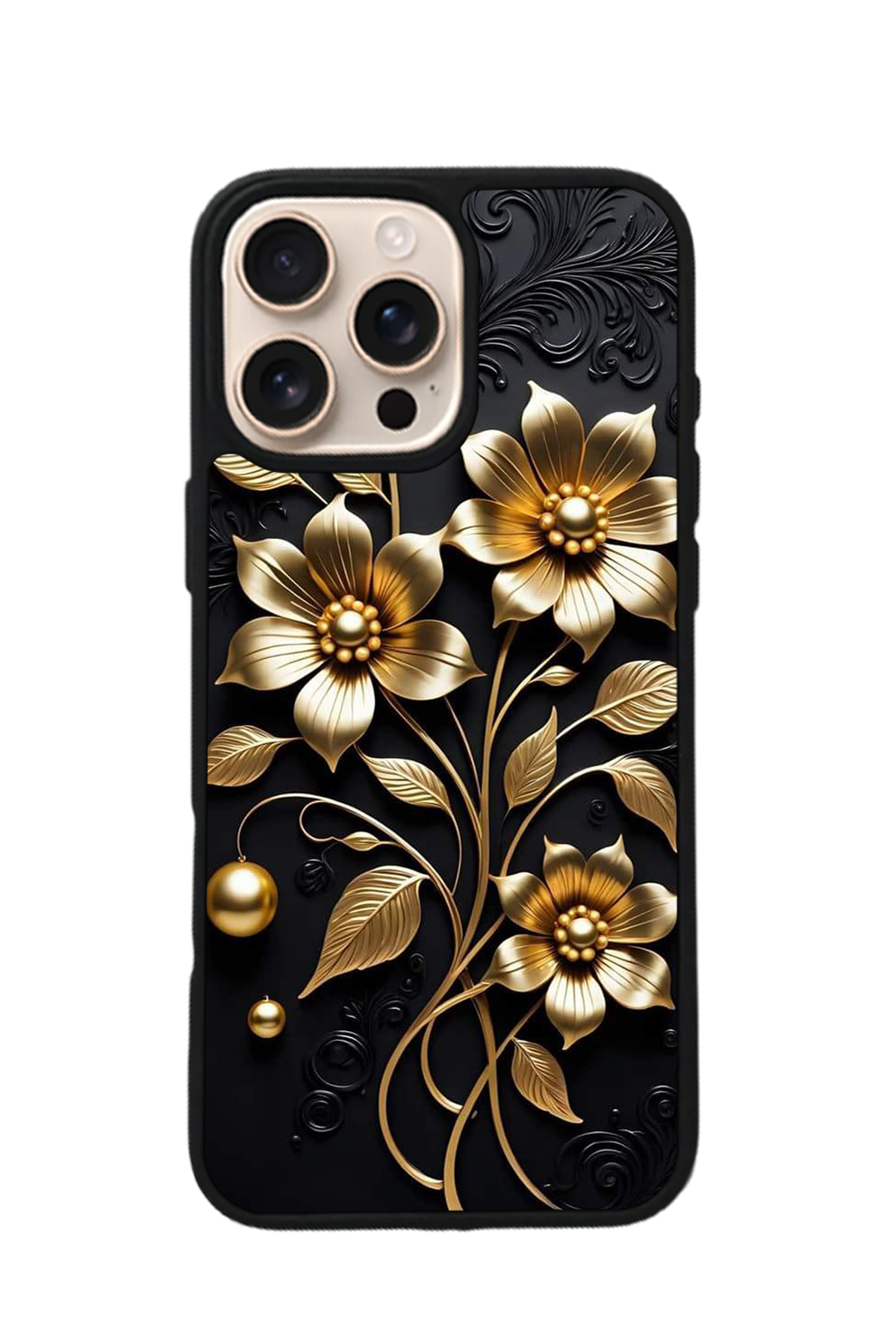 iPhone 16 Pro Max Uyumlu Yaldizli Cicek Tasarımlı Glossy Premium Kılıf
