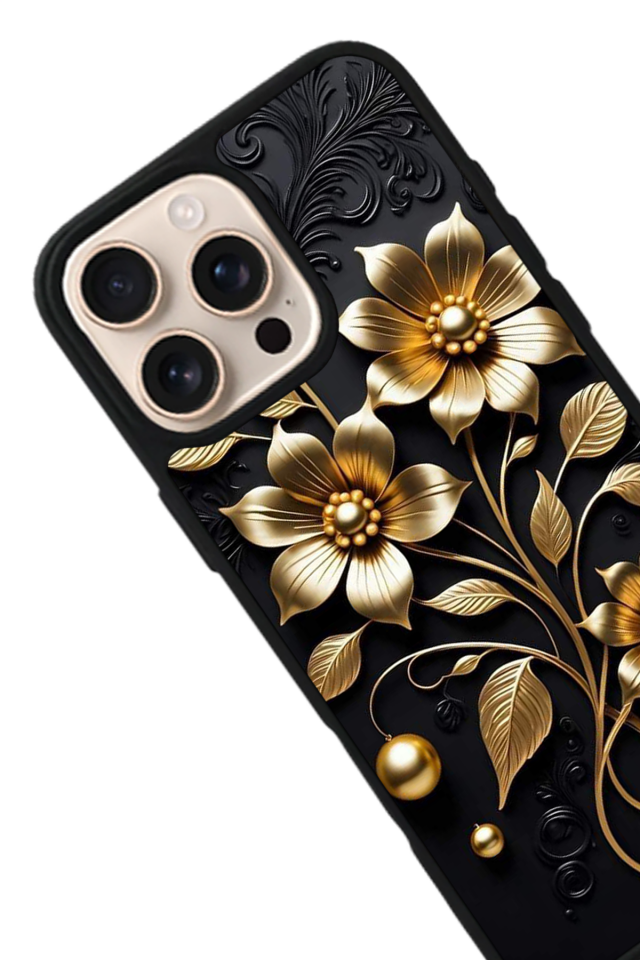 iPhone 16 Pro Max Uyumlu Yaldizli Cicek Tasarımlı Glossy Premium Kılıf